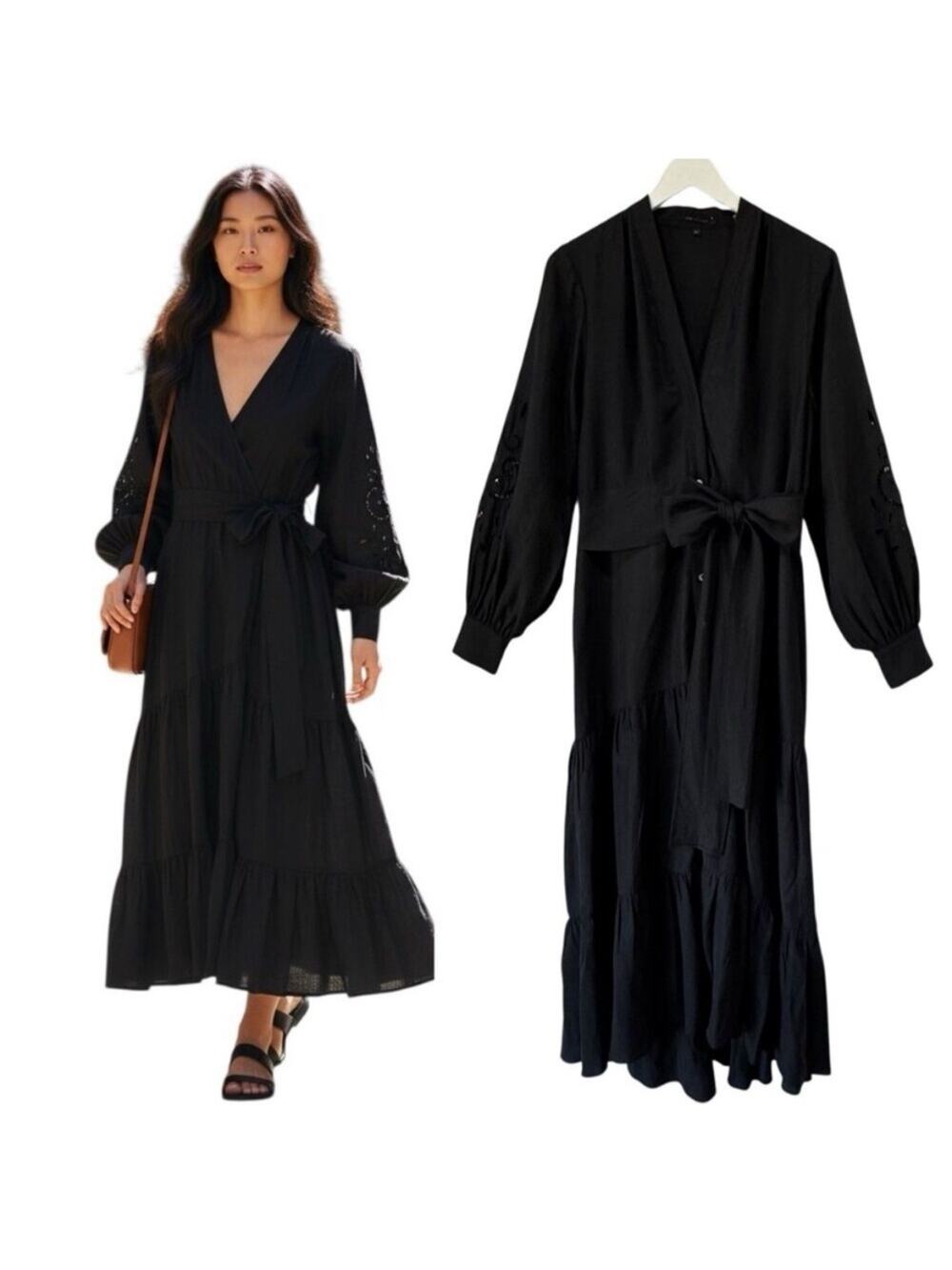 Kobi Halperin Mandie Belted Black Tiered Dress Eyelet Embroidered Sleeves medium